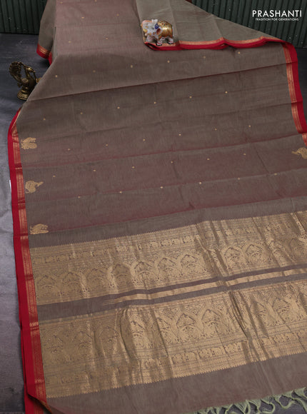 Kanchi cotton saree chikku shade and red with zari woven buttas and zari woven border