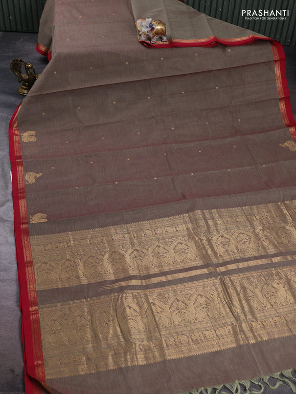 Kanchi cotton saree chikku shade and red with zari woven buttas and zari woven border