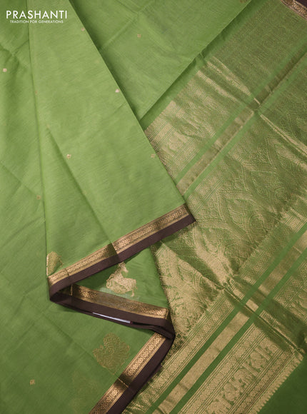 Kanchi cotton saree green and coffee brown with zari woven buttas and zari woven border