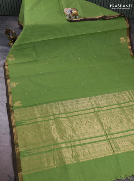 Kanchi cotton saree green and coffee brown with zari woven buttas and zari woven border