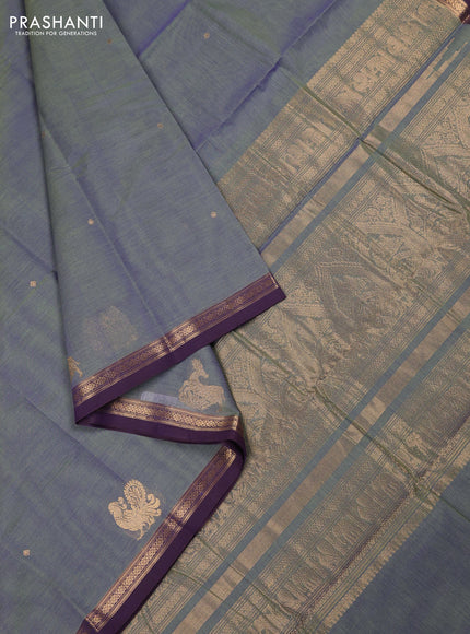 Kanchi cotton saree dual shade of greenish blue and purple with zari woven buttas and zari woven border