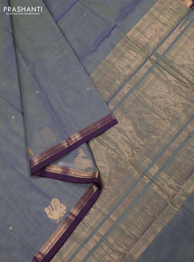 Kanchi cotton saree dual shade of greenish blue and purple with zari woven buttas and zari woven border