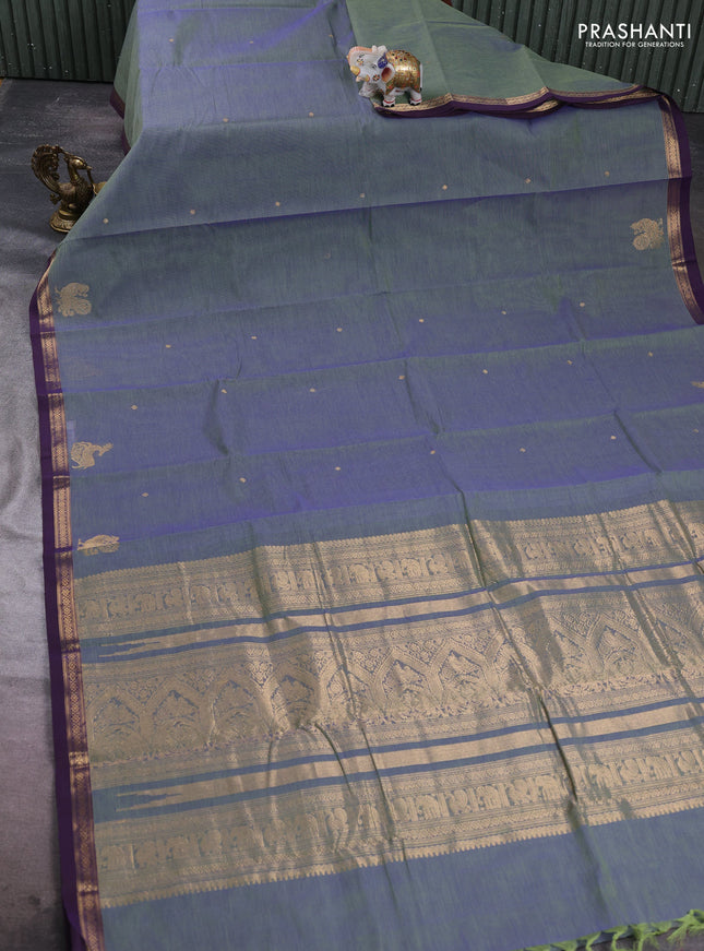 Kanchi cotton saree dual shade of greenish blue and purple with zari woven buttas and zari woven border