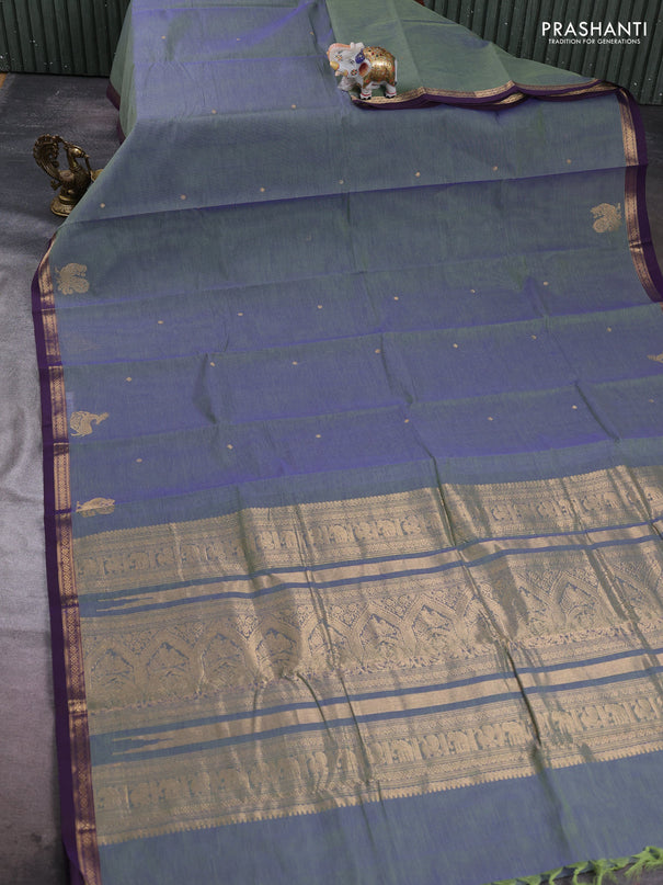 Kanchi cotton saree dual shade of greenish blue and purple with zari woven buttas and zari woven border