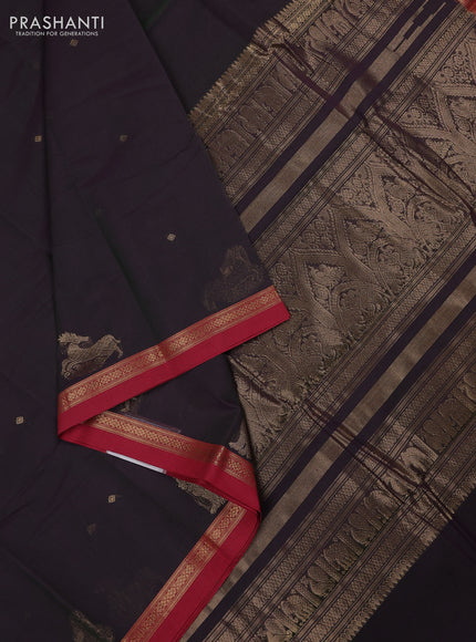Kanchi cotton saree dual shade of greenish purple and red with zari woven buttas and zari woven border