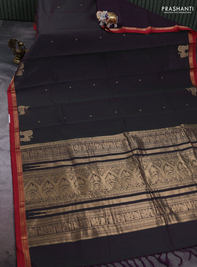 Kanchi cotton saree dual shade of greenish purple and red with zari woven buttas and zari woven border
