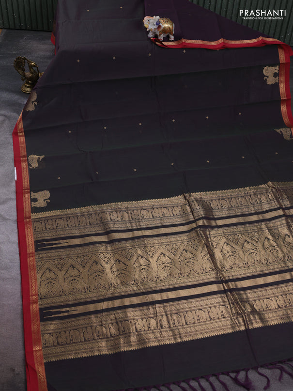 Kanchi cotton saree dual shade of greenish purple and red with zari woven buttas and zari woven border