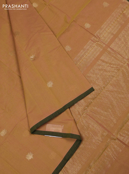 Kanchi cotton saree sandal and green with zari woven buttas and piping border