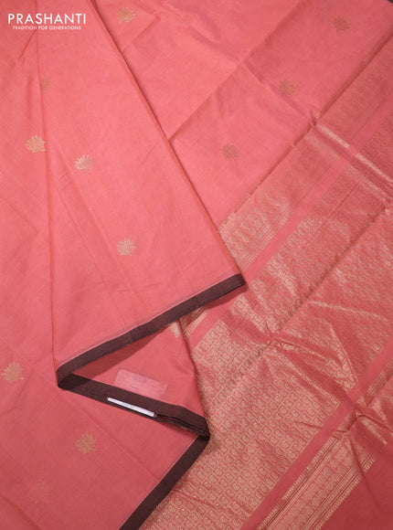 Kanchi cotton saree dark peach and brown with zari woven buttas and piping border