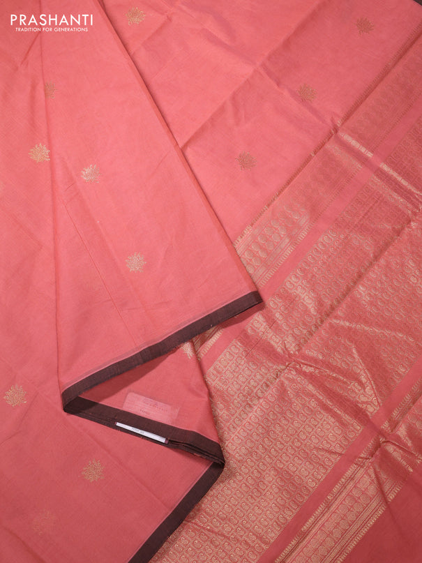 Kanchi cotton saree dark peach and brown with zari woven buttas and piping border