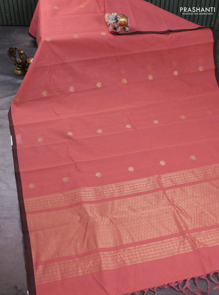 Kanchi cotton saree dark peach and brown with zari woven buttas and piping border