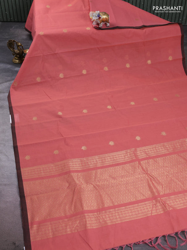 Kanchi cotton saree dark peach and brown with zari woven buttas and piping border