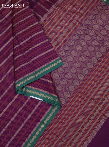 Kanchi cotton saree purple and green with allover thread stripe pattern and zari woven border