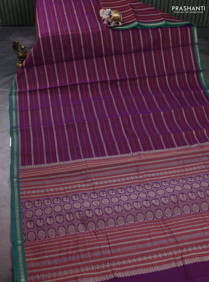 Kanchi cotton saree purple and green with allover thread stripe pattern and zari woven border