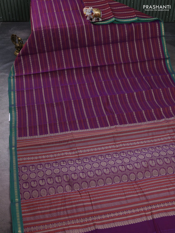 Kanchi cotton saree purple and green with allover thread stripe pattern and zari woven border