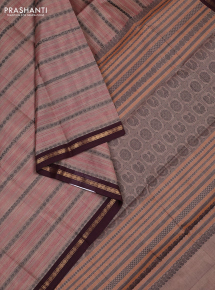 Kanchi cotton saree pastel brown and coffee brown with allover thread stripe pattern and zari woven border