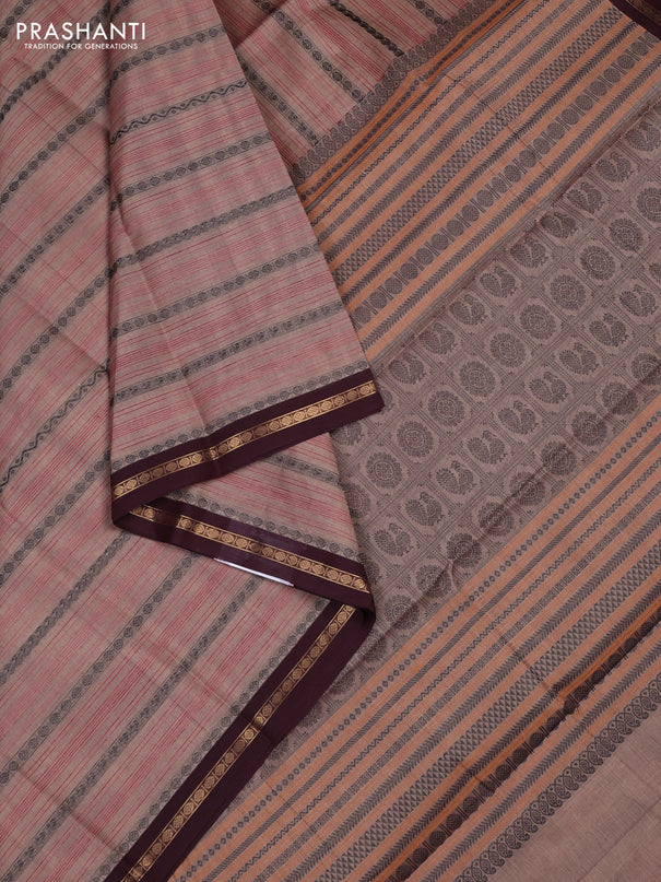 Kanchi cotton saree pastel brown and coffee brown with allover thread stripe pattern and zari woven border