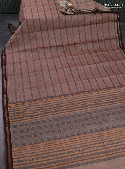 Kanchi cotton saree pastel brown and coffee brown with allover thread stripe pattern and zari woven border