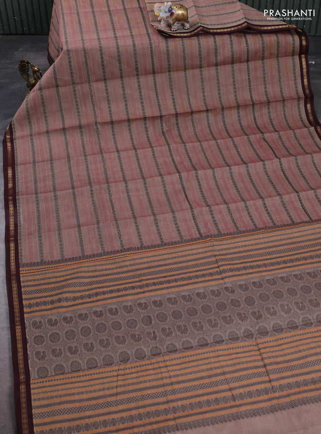 Kanchi cotton saree pastel brown and coffee brown with allover thread stripe pattern and zari woven border
