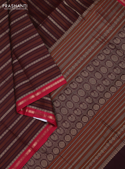 Kanchi cotton saree deep maroon and maroon with allover thread stripe pattern and zari woven border