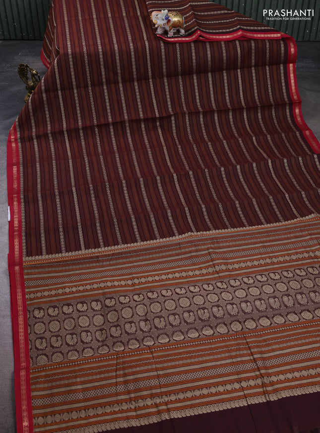 Kanchi cotton saree deep maroon and maroon with allover thread stripe pattern and zari woven border