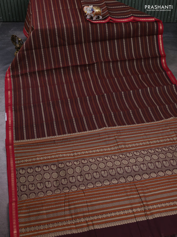 Kanchi cotton saree deep maroon and maroon with allover thread stripe pattern and zari woven border