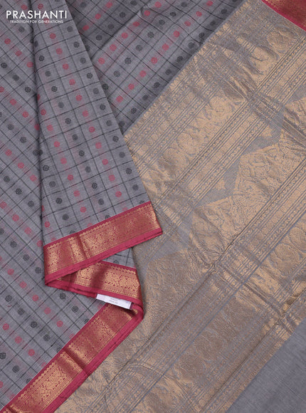 Kanchi cotton saree grey and pastel maroon with allover thread checks & 1000 buttas and zari woven border
