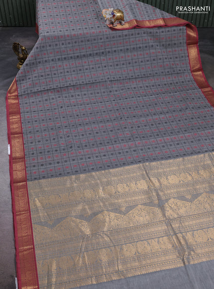 Kanchi cotton saree grey and pastel maroon with allover thread checks & 1000 buttas and zari woven border