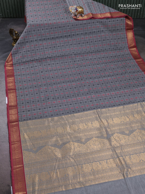 Kanchi cotton saree grey and pastel maroon with allover thread checks & 1000 buttas and zari woven border
