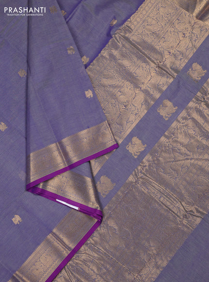 Kanchi cotton saree blue shade and purple with zari woven buttas and zari woven border