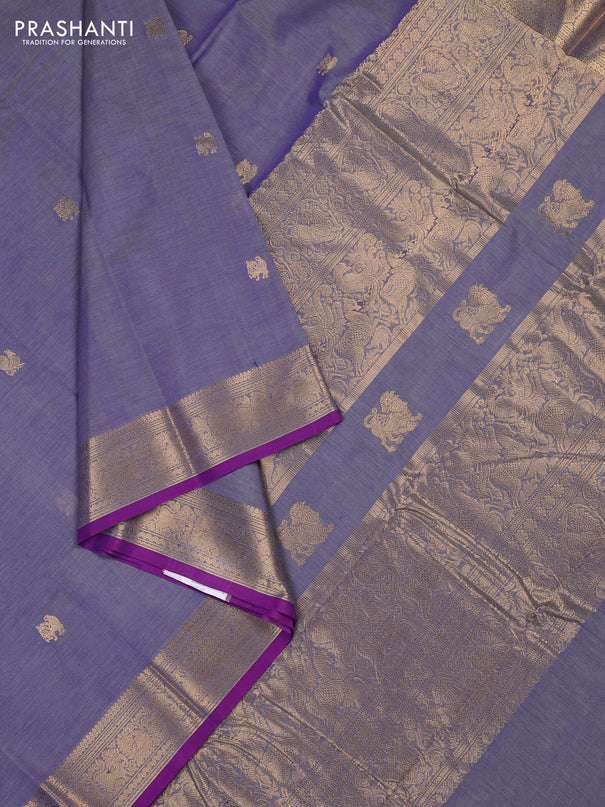 Kanchi cotton saree blue shade and purple with zari woven buttas and zari woven border