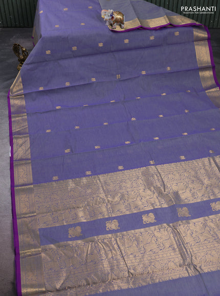 Kanchi cotton saree blue shade and purple with zari woven buttas and zari woven border