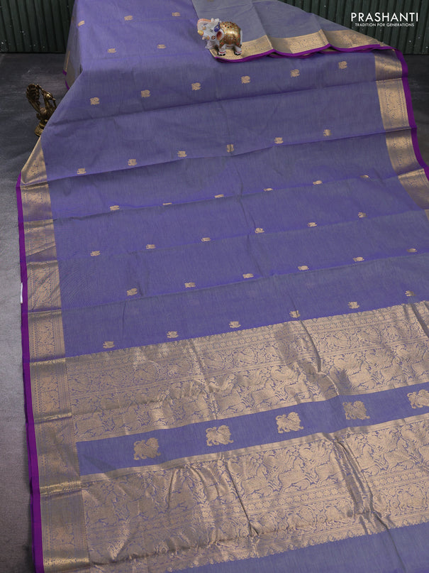Kanchi cotton saree blue shade and purple with zari woven buttas and zari woven border