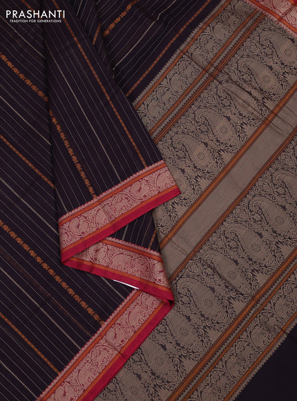 Kanchi cotton saree deep jamun and maroon with allover thread stripe pattern and thread woven border