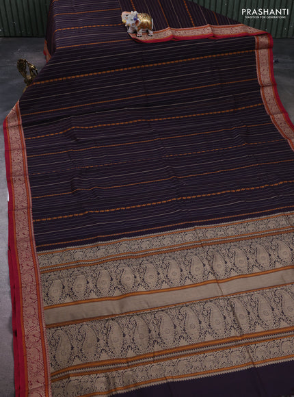 Kanchi cotton saree deep jamun and maroon with allover thread stripe pattern and thread woven border