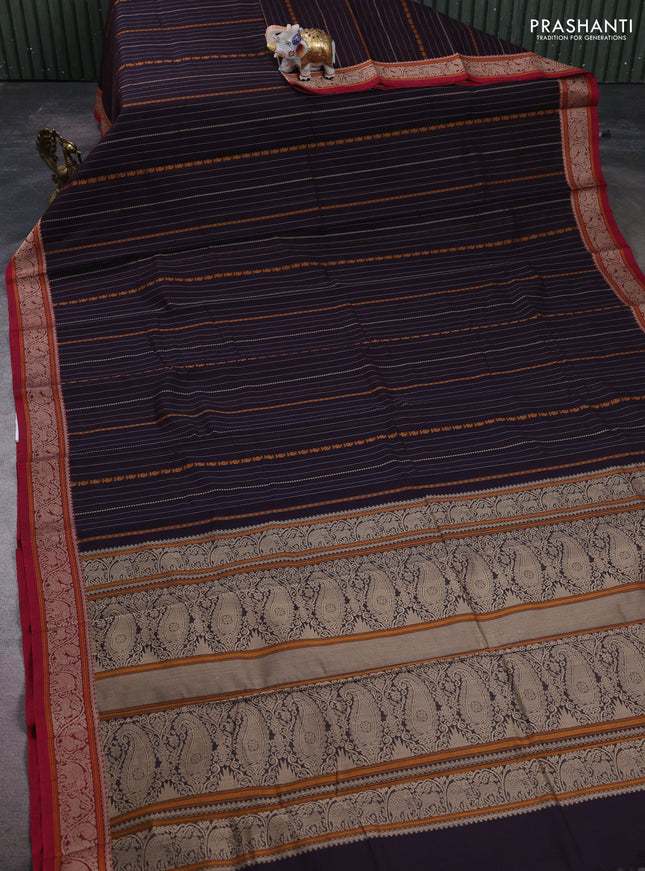 Kanchi cotton saree deep jamun and maroon with allover thread stripe pattern and thread woven border