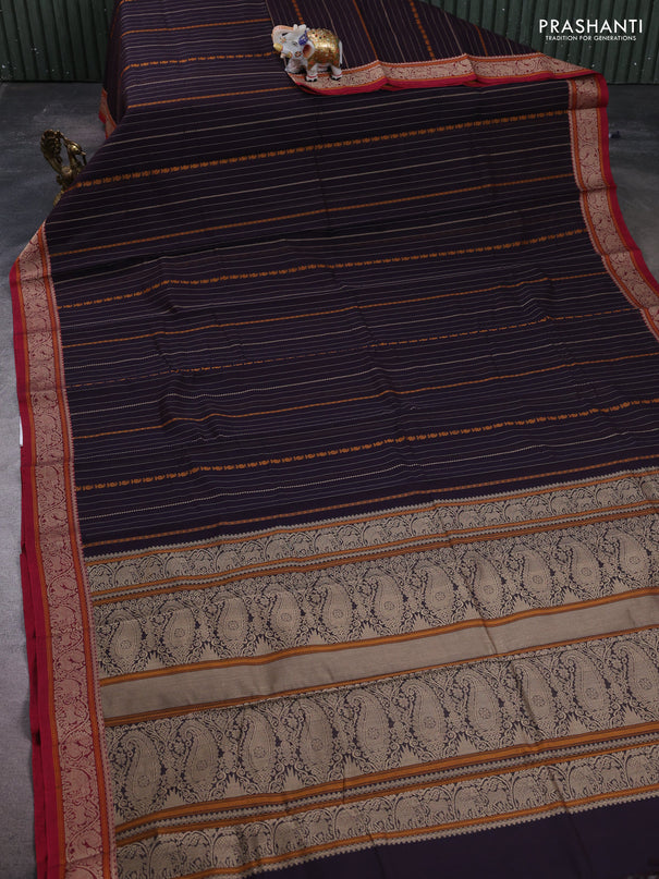 Kanchi cotton saree deep jamun and maroon with allover thread stripe pattern and thread woven border