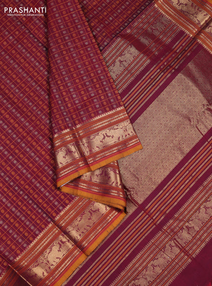 Kanchi cotton saree wine shade and dark mustard with allover thread checks & 1000 buttas and zari woven border