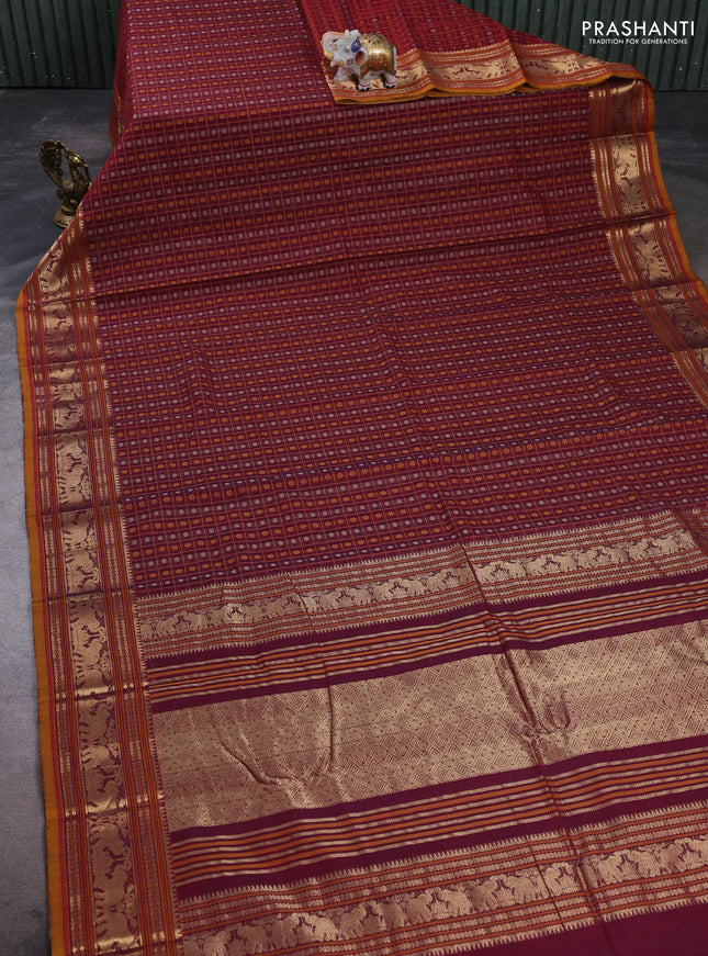Kanchi cotton saree wine shade and dark mustard with allover thread checks & 1000 buttas and zari woven border