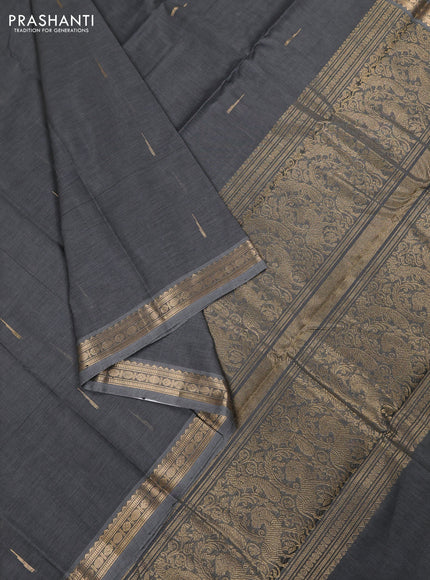 Kanchi cotton saree dark grey with zari woven buttas and zari woven border