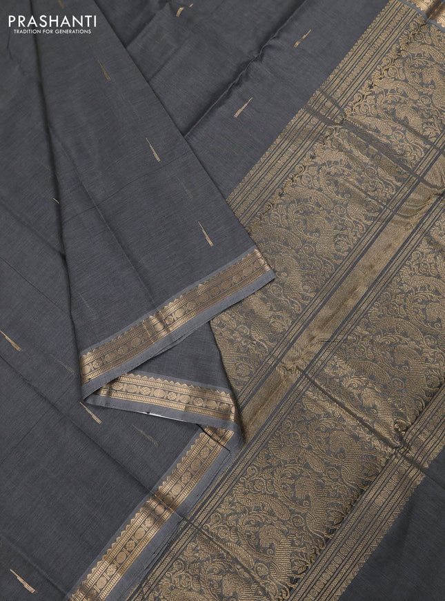 Kanchi cotton saree dark grey with zari woven buttas and zari woven border