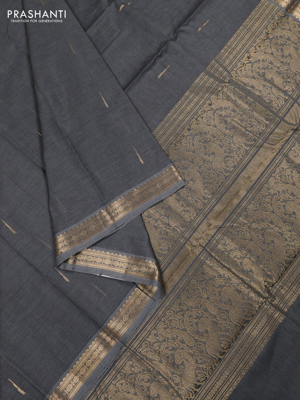 Kanchi cotton saree dark grey with zari woven buttas and zari woven border