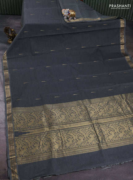 Kanchi cotton saree dark grey with zari woven buttas and zari woven border