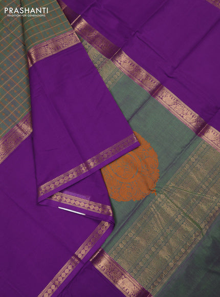Kanchi cotton saree dual shade of green and purple with allover thread checks & buttas and long rettapet zari woven border