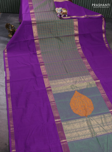 Kanchi cotton saree dual shade of green and purple with allover thread checks & buttas and long rettapet zari woven border