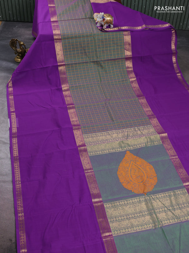 Kanchi cotton saree dual shade of green and purple with allover thread checks & buttas and long rettapet zari woven border