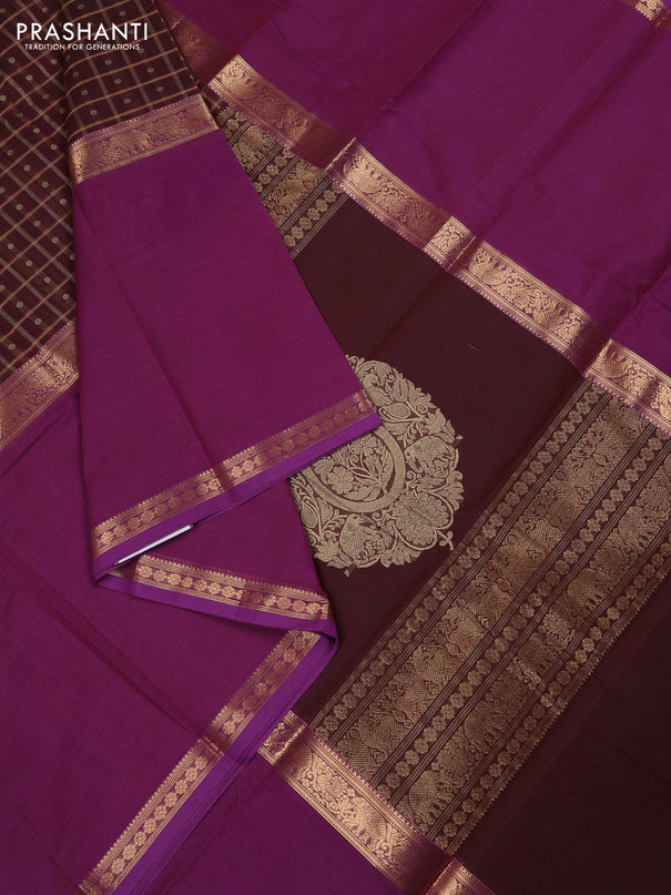 Kanchi cotton saree brown and purple with allover thread checks & buttas and long rettapet zari woven border