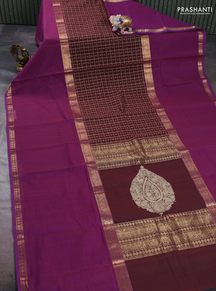 Kanchi cotton saree brown and purple with allover thread checks & buttas and long rettapet zari woven border