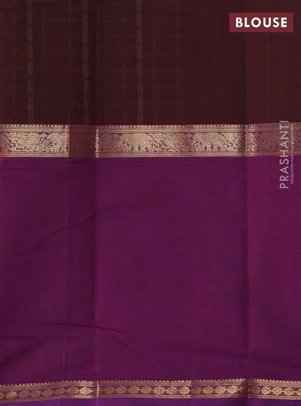 Kanchi cotton saree brown and purple with allover thread checks & buttas and long rettapet zari woven border