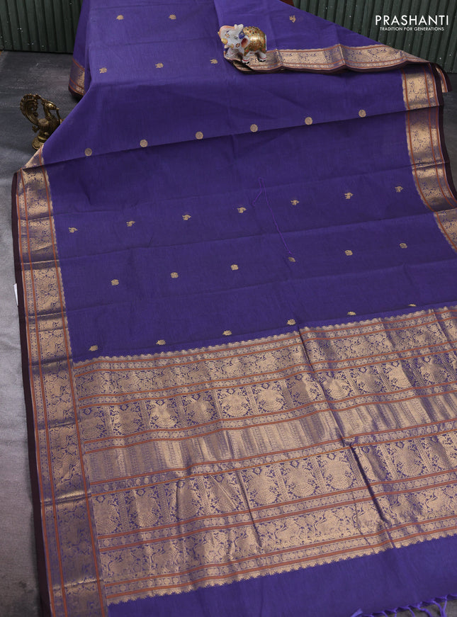 Kanchi cotton saree violet and coffee brown with zari woven buttas and zari woven border